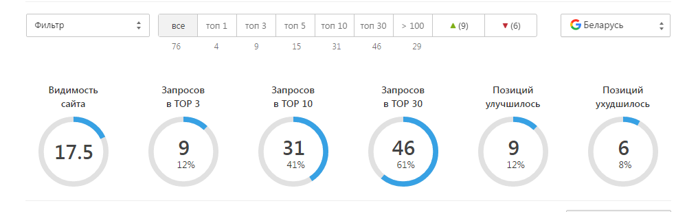 Сводка позиций того же списка запросов в гугле по Беларуси